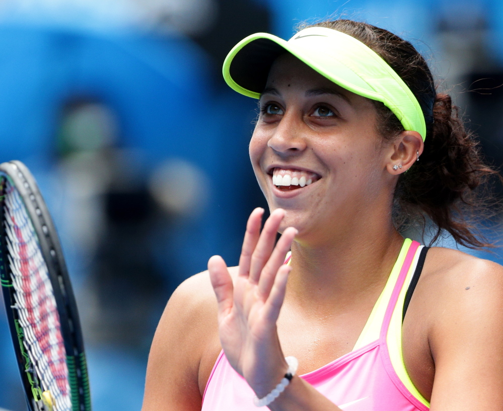 Madison Keys, a 19-year-old American, celebrates Wednesday after ending Venus Williams’ run in Australia. Keys earned a berth in the semifinals.