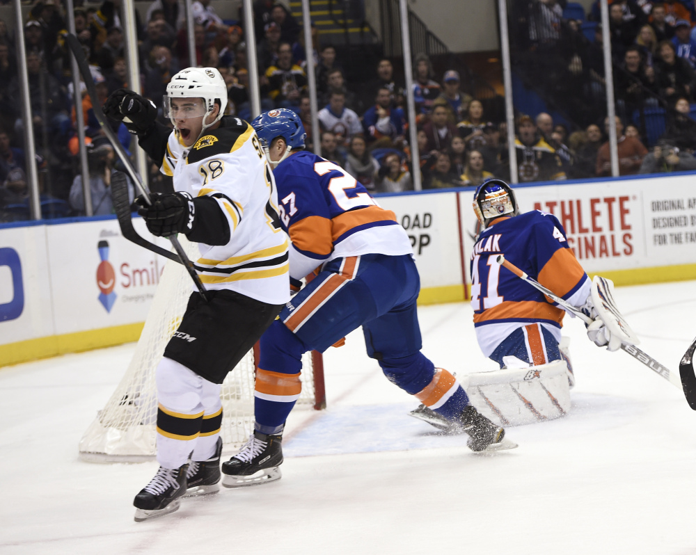 Boston Bruins right wing Reilly Smith celebrates his goal as Islanders goalie Jaroslav Halak looks toward the net during the first period of Thursday night’s game at the Nassau Coliseum in Uniondale, N.Y. The Bruins handed the Islanders just their fifth loss this season on home ice.