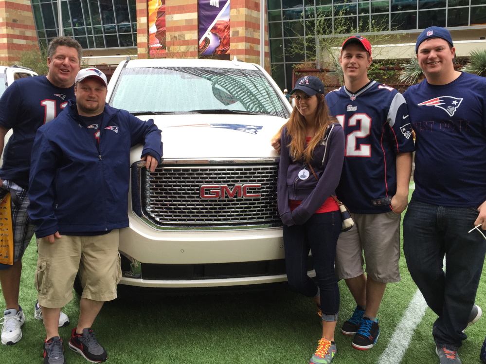 Matinicus Island residents, from left, Marty Molloy, Josh Ames, Stephanie Perry, David Ames and Tyler Bemis made the trek to Arizona to support the Patriots at the Super Bowl. Mike Lowe/Staff Writer