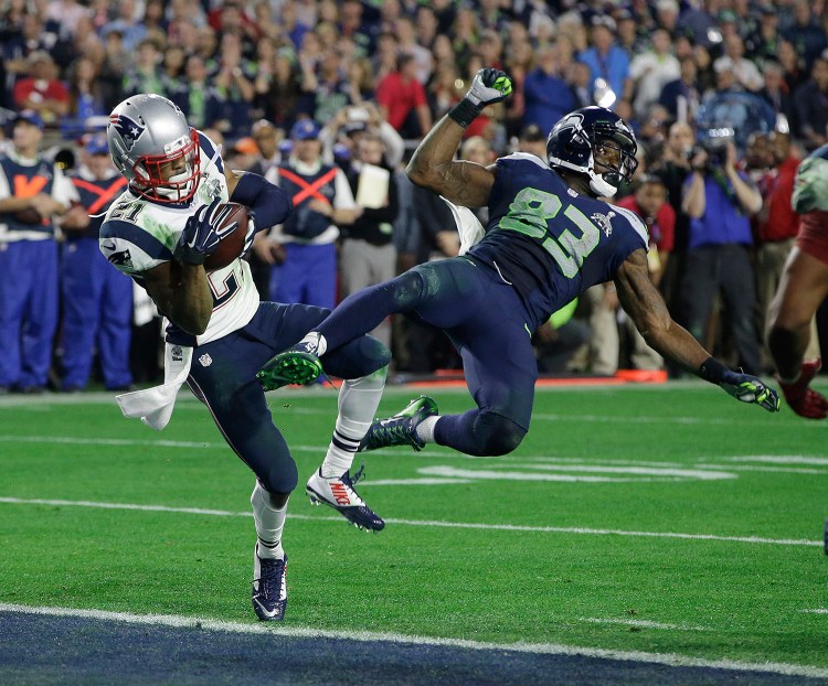 Feb. 2, 2015: New England Patriots strong safety Malcolm Butler (21) intercepts a pass intended for Seattle Seahawks wide receiver Ricardo Lockette (83) in the final seconds of NFL Super Bowl XLIX in Glendale, Ariz., to seal New England's 28-24 victory. The Associated Press
