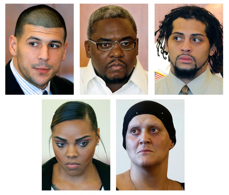 Some of those who are connected to the murder trial of former New England Patriots tight end Aaron Hernandez include, top row, from left: Hernandez and co-defendants to be tried separately, Ernest Wallace and Carlos Ortiz. Bottom row, from left are Shayanna Jenkins, Hernandez's fiancee charged with perjury;  and Tanya Singleton, Hernandez's cousin, charged with conspiracy to commit accessory after the fact. The Associated Press