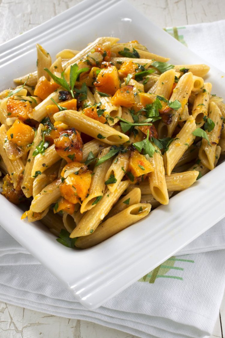 Pasta with herbs and butternut squash.