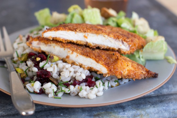 Sweet and spicy panko-crusted chicken can be pan fried or baked in the oven.