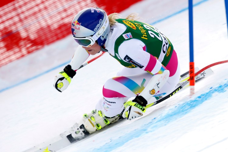 Lindsey Vonn speeds down the course during an women's World Cup alpine super-G, in Cortina d'Ampezzo, Italy, Monday. The Associated Press