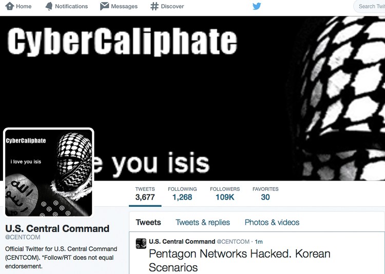 This screen grab made Monday, Jan. 12, 2015, shows the front page of the U.S. Central Command Twitter account after it was hacked. The Twitter site of the military's U.S. Central Command was taken over Monday by hackers claiming to be working on behalf of the Islamic State militants. 