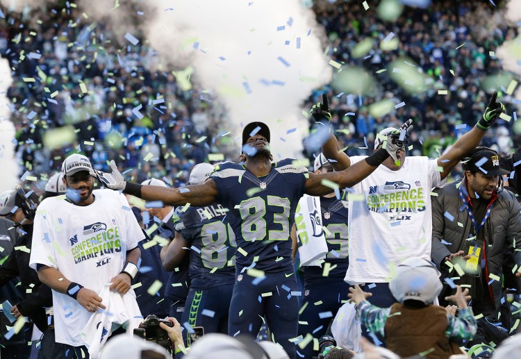 Seattle Seahawks wide receiver Ricardo Lockette (83) celebrates after his team won the NFC championship game against the Green Bay Packers on Sunday. The Associated Press