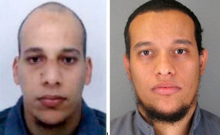 Police have surrounded suspects Cherif, left, and Said Kouachi  in a printing house northeast of Paris. 