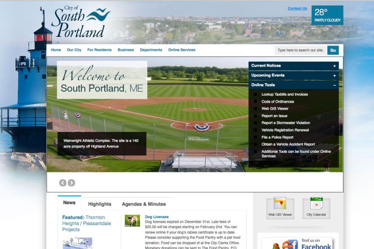 Several South Portland departments are active on social media, including police, economic development, park and recreation. This is a detail of the city website homepage.