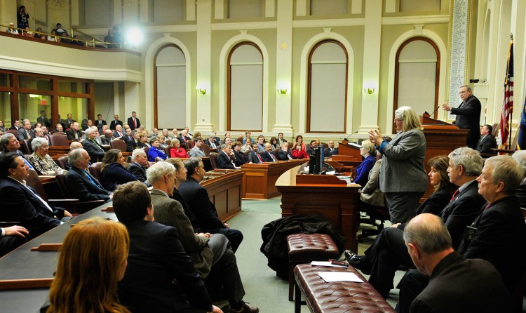 Gov. Paul LePage gives his State of the State address to lawmakers Tuesday night at the State House. The governor said his budget and proposed changes to Maine's tax code are essential to creating a “pathway to prosperity."
Joe Phelan/Kennebec Journal