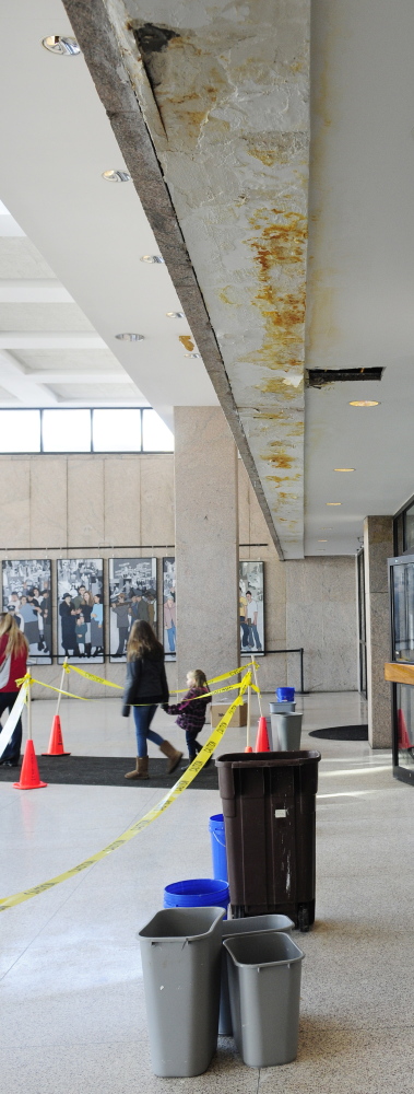 A closer look at damage caused by water leaking from the ceiling at the Maine State Cultural Building in Augusta, which houses the state library, museum and archives.