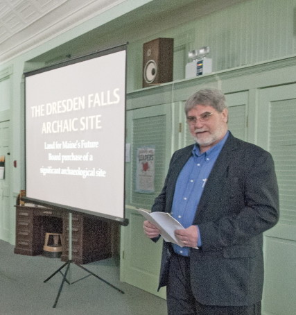 Arthur Spiess, an archeologist with the Maine Historic Preservation Commission, talks about the Dresden Falls Archaic Site during a meeting of the Dresden Historical Society at Bridge Academy Public Library in Dresden on Sunday.