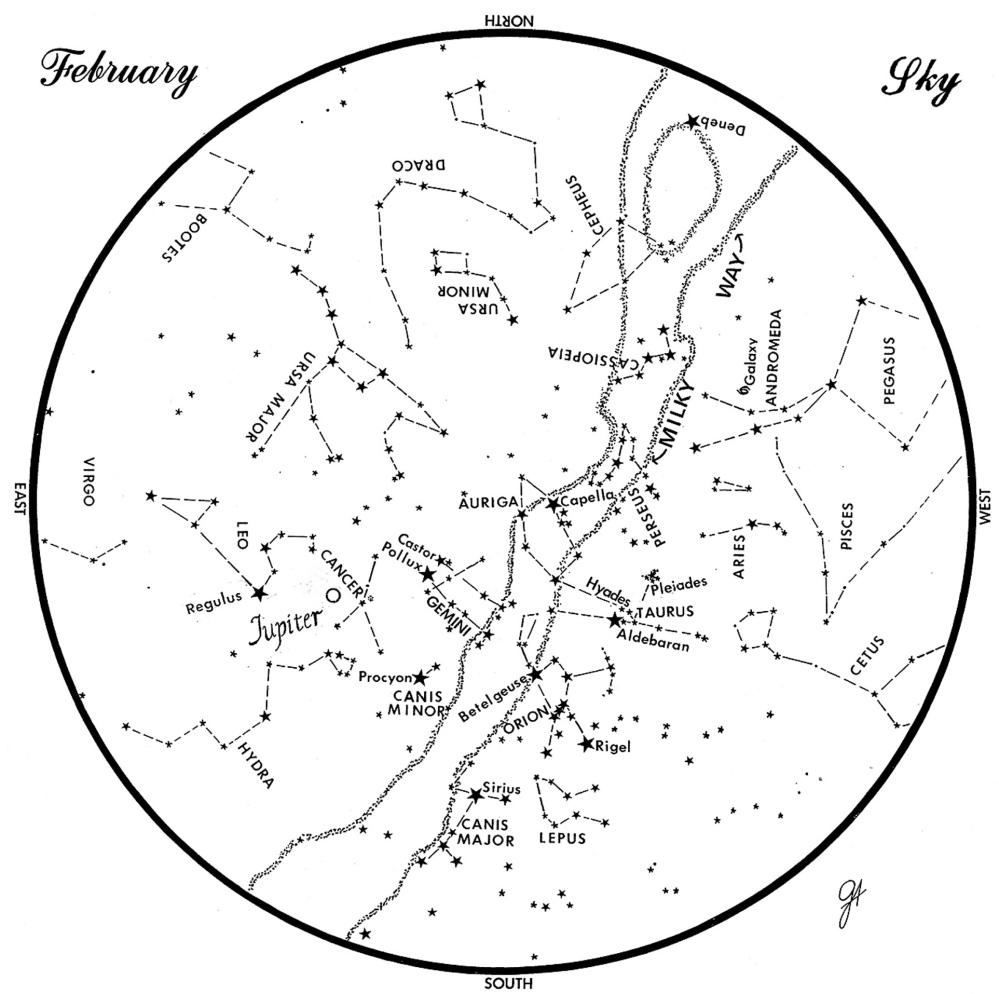 SKY GUIDE:  This chart represents the sky as it appears over Maine during February.  The stars are shown as they appear at 9:30  p.m. early in the month, at 8:30 p.m. at midmonth and at 7:30 p.m. at month’s end.  Jupiter is shown in its midmonth position.  To use the map, hold it vertically and turn it so that the direction you are facing is at the bottom.