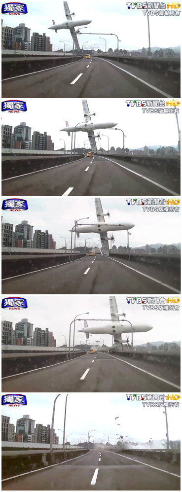 In this combination photo, a series of images taken from video provided by TVBS shows a commercial airplane clipping an elevated roadway just before it careened into a river in Taipei, Taiwan, Wednesday.
