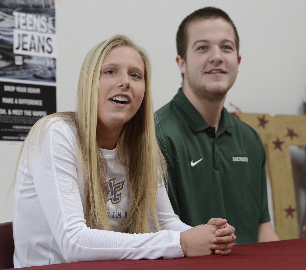 Thornton Academy’s Tori Daigle and Kevin Barrett announce their college choices on Wednesday – Barrett’s going to play football at Dartmouth and Daigle’s headed to Merrimack to run track and play soccer.