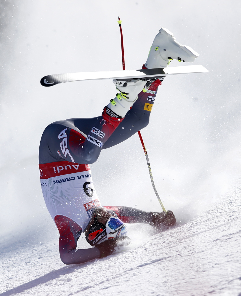Bode Miller crashes during the men’s super-G competition at the Alpine skiing world championships Thursday in Beaver Creek, Colo., knocking him out of the competition and putting the remainder of his skiing career in jeopardy.