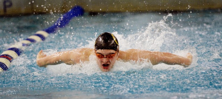 Kevin Kane of Cheverus heads toward a victory Feb. 6 in the 100-yard butterfly at the boys’ North Southwesterns in Westbrook. Kane also won the breast stroke and was part of a medley relay team that set a meet record.