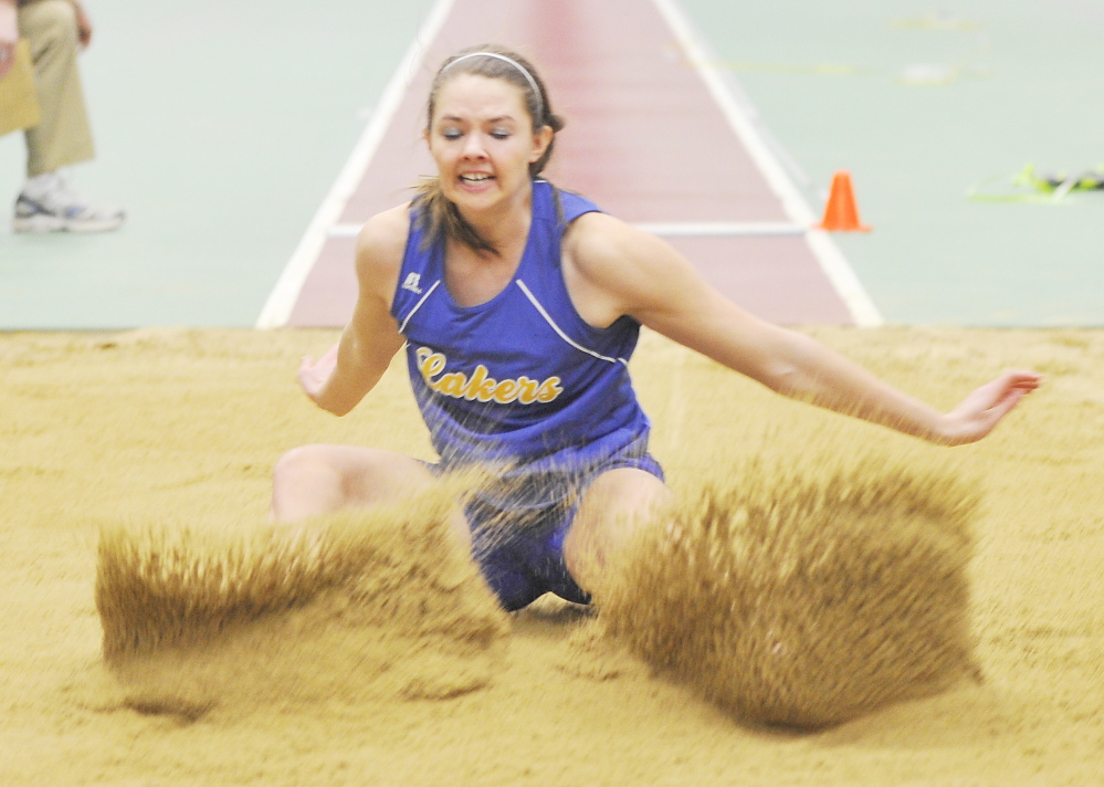 Kate Hall of Lake Region High, seen competing in the Western Maine Conference championships, has led the nation in the long jump all winter – including a winning jump of 20 feet 6 inches at the New England championships.