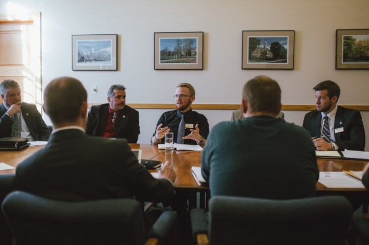 University of Maine junior Connor Scott meets with school officials in Orono last month to discuss student issues. Scott worked, was a resident adviser and now lives at a fraternity house to save on his bills, but he still expects to graduate with at least $10,000 in loans.