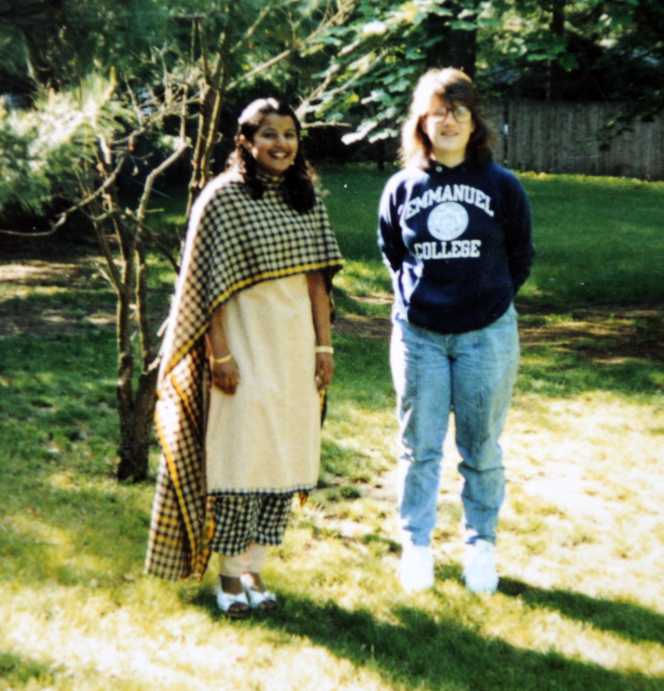 Sujatha Gunasekaran, left, finally met Samantha McGuire, right, in Springfield, Mass., in 1989, a couple years after Gunasekaran and her family moved to the United States from India.