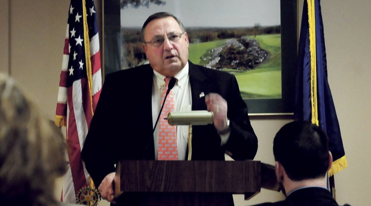 Gov. Paul LePage speaks to members of the Waterville Rotary Club on Monday about his plans to change the state tax system.
