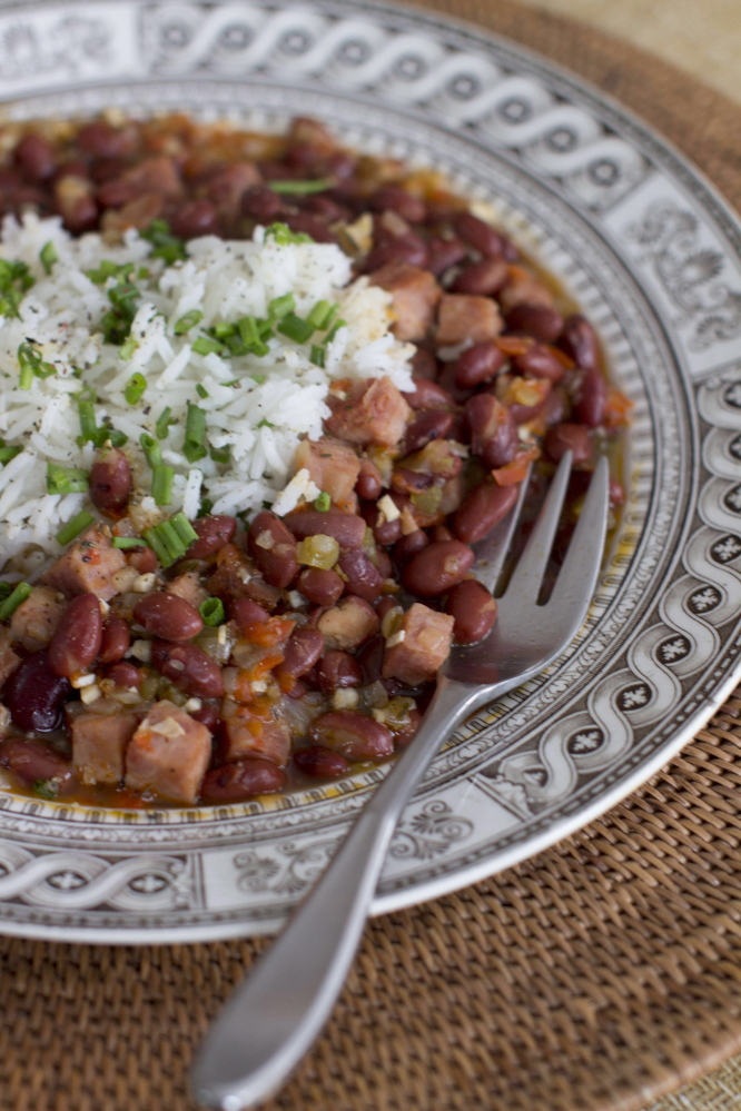 Red beans and rice with cubed ham, vegetables and spices are packed with nutrition and flavors.