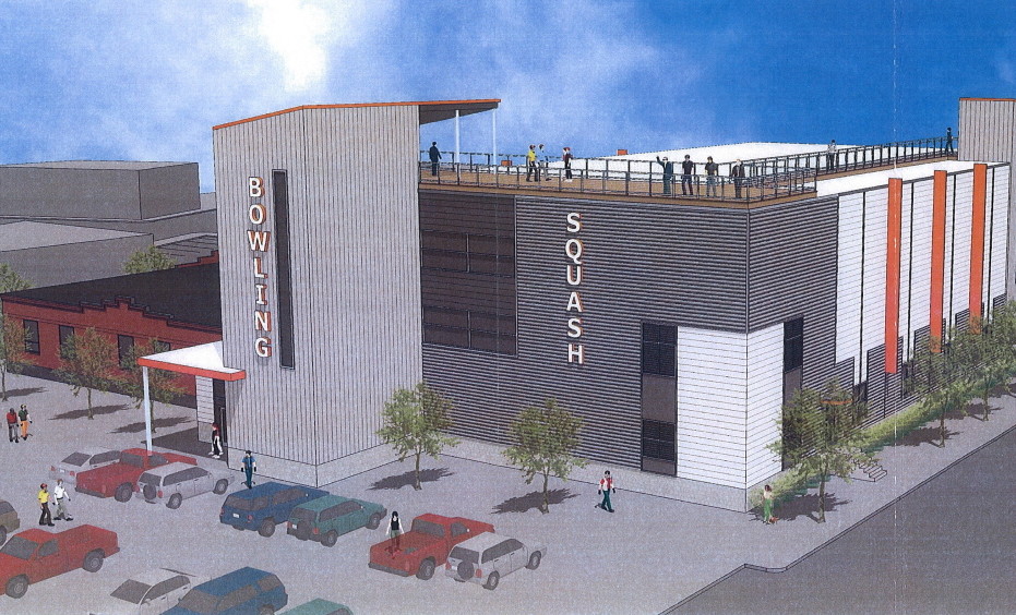 A rendering shows the planned addition to Bayside Bowl, with the existing red-brick building at left. The addition would include more bowling lanes, a rooftop lounge, event space and a DJ platform.