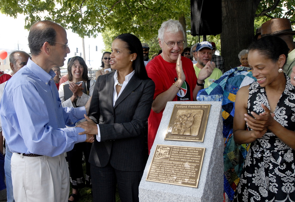 Actress Victoria Rowell, second from left, has filed a discrimination lawsuit against CBS. She is shown at a Portland event in 2007 with then-Gov. John Baldacci.