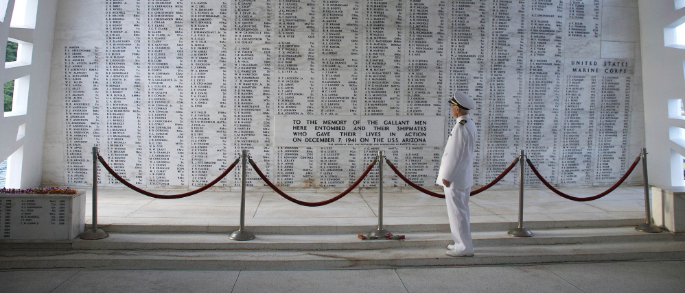 Retired Navy Lt. Cmdr. Joseph Langdell stands in the Shrine Room of the USS Arizona Memorial in Pearl Harbor, Hawaii, on Dec. 7, 2008. The photo was provided by his son, Ted Langdell.