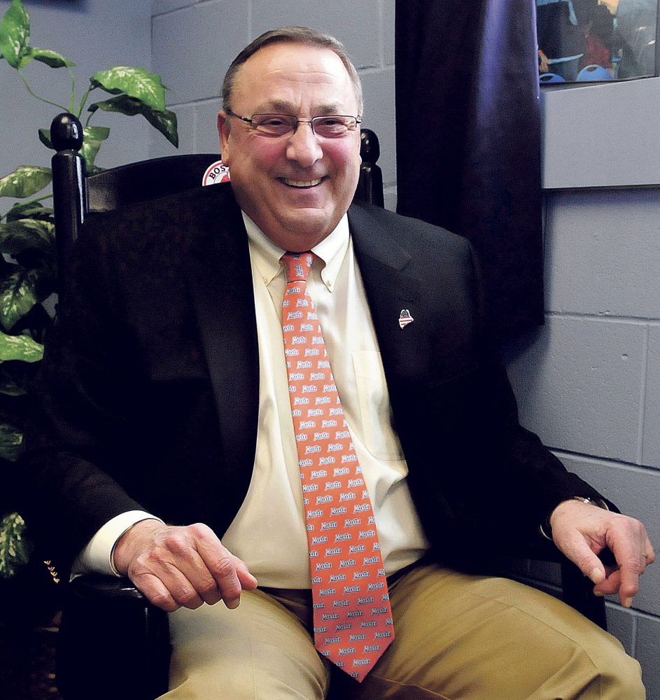 Sporting his Moxie tie, Maine Gov. Paul LePage laughs at the thought of running for other public office positions, including the presidency, during a wide-ranging interview last week in Waterville. “Like Clint Eastwood said, a man’s got to know his limitations. I don’t do well on committees,” he said.
