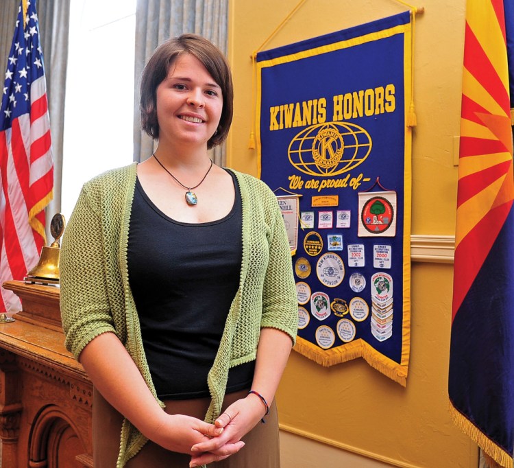 In this May 30, 2013, photo, Kayla Mueller is shown after speaking to a group in Prescott, Ariz.