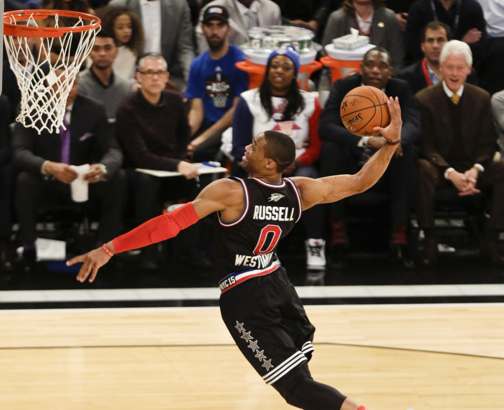Russell Westbrook of the Oklahoma City Thunder scored 41 points and the West won the NBA All-Star Game 163-158 on Sunday in New York.