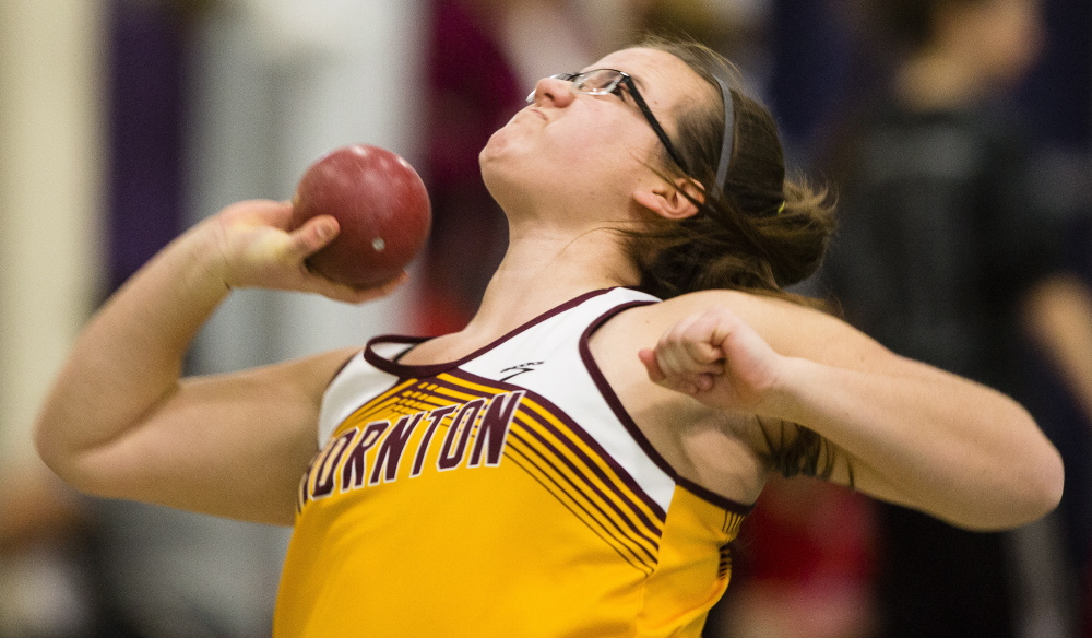 FEB. 16: CLASS A GIRLS INDOOR TRACK
Thornton Academy’s Samantha Curran won the shot put with a throw of 38 feet,   inches to help the Trojans win the Class A girls championship for the second year in a row.
