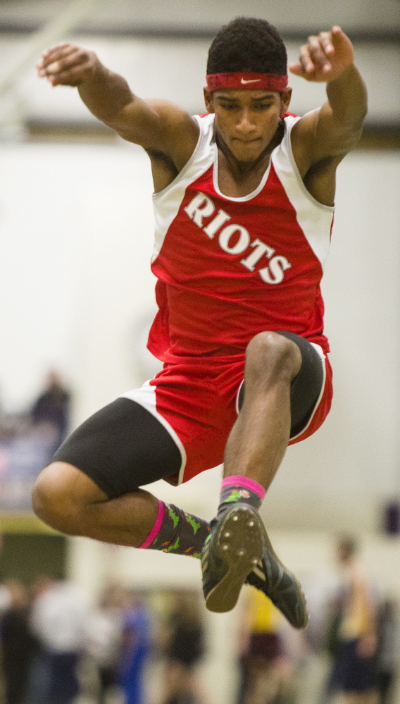 FEB. 16:
CLASS A BOYS INDOOR TRACK
South Portland’s Michael Cuesta won two events – the long jump and triple jump. Cuesta took first place in the long jump with a leap of 21-2  and successfully defended his title in the triple jump with a best of 45-0 .