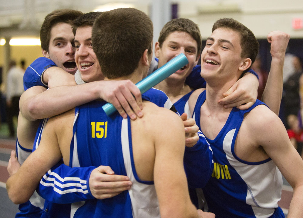 FEB. 16
CLASS A BOYS INDOOR TRACK
Falmouth celebrates after its 800-meter relay team of Andy Clement, Kohl Valle, Nick Sanzari and Tony St. Angelo won the meet’s final event in a time of 1 minute, 33.15 seconds, giving the Yachtsmen enough points to overtake Scarborough for the Class A boys’ indoor track and field state championship.