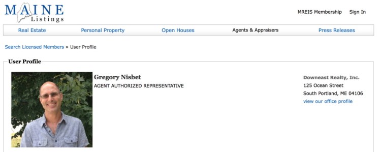 The profile of real estate agent Gregory Nisbet on the Maine Listings website. His attorney says Nisbet was “very distressed” after a fire killed six people at one of his buildings.