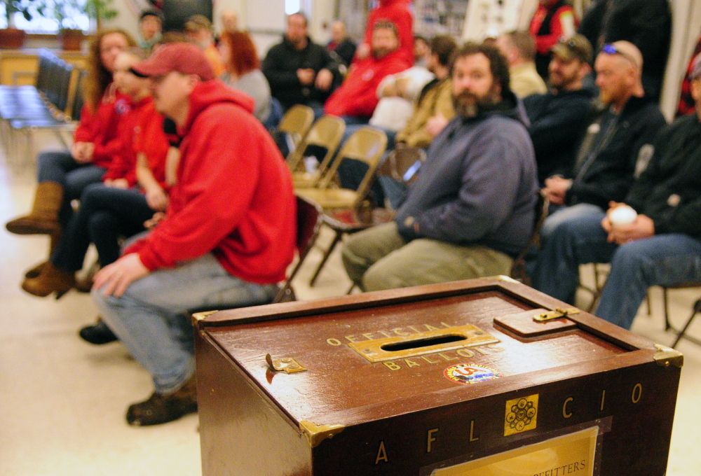 A ballot box sits on a table before a meeting where FairPoint workers got details on the contract and then voted on whether or not to ratify it. The striking workers ratified tentative agreements with FairPoint Communications after three days of voting in Maine, New Hampshire and Vermont.