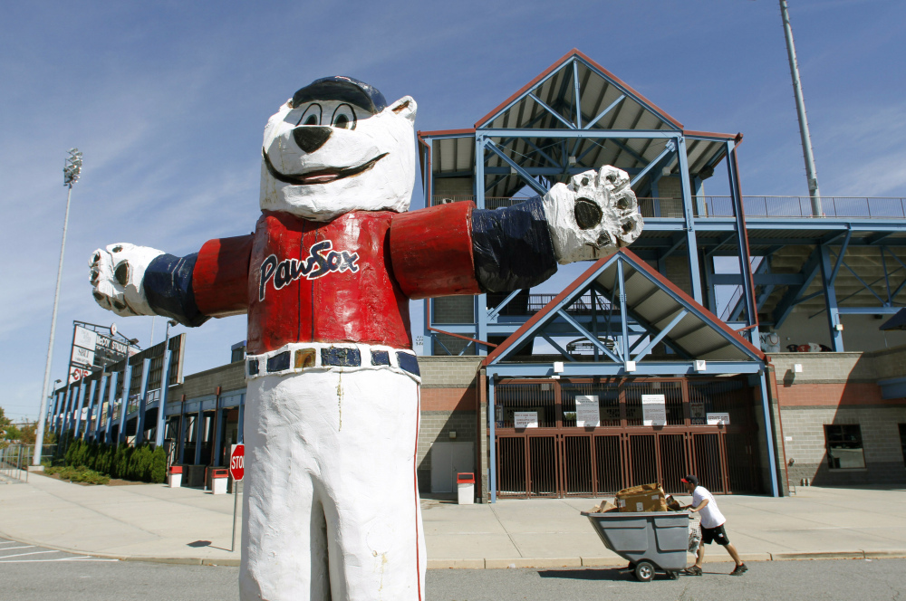 A statue of the Pawtucket Red Sox mascot “Paws” stands outside McCoy Stadium in Pawtucket, R.I. 