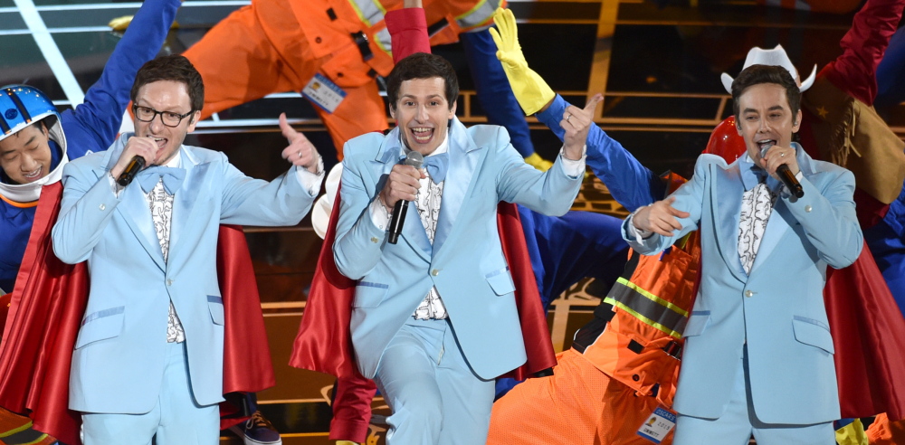 Akiva Schaffer, from left, Andy Samberg and Jorma Taccone of The Lonely Island perform at the Oscars on Sunday at the Dolby Theatre in Los Angeles. 