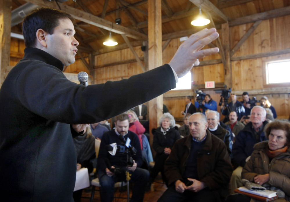 U.S. Sen. Marco Rubio of Florida, a potential 2016 Republican presidential candidate, speaks to residents of Hollis, N.H., on Monday.
