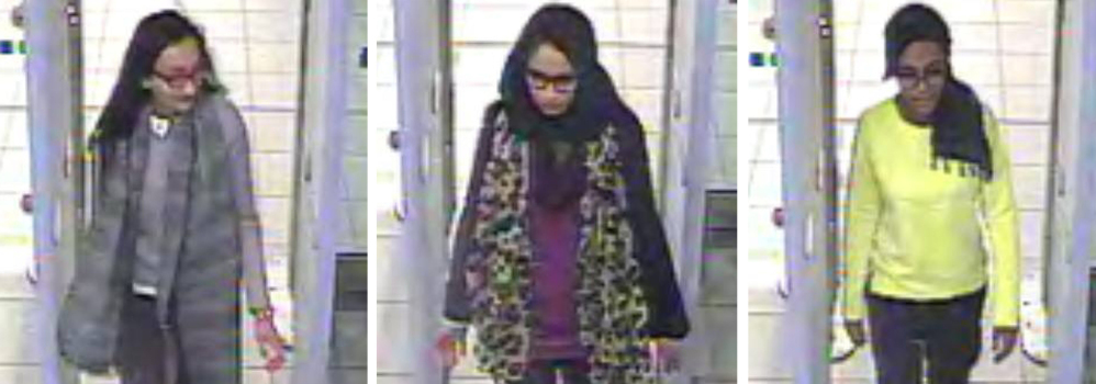 London police released security camera images of Kadiza Sultana, 16, left,  Shamima Begum, 15,  and Amira Abase, 15, at Gatwick airport Monday, before their flight to Turkey.