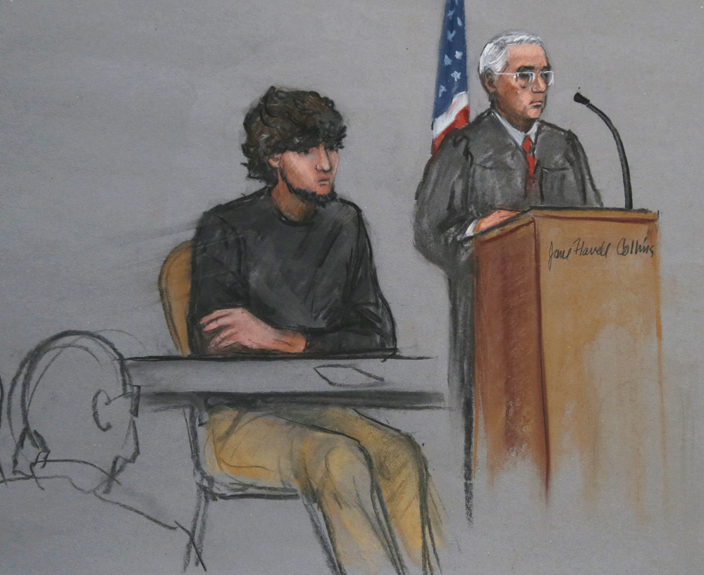 U.S. District Judge George O’Toole Jr., right, said during Wednesday’s proceeding that the start of testimony in the trial of Boston Marathon bombing suspect Dzhokhar Tsarnaev, center, was “getting pretty close.”