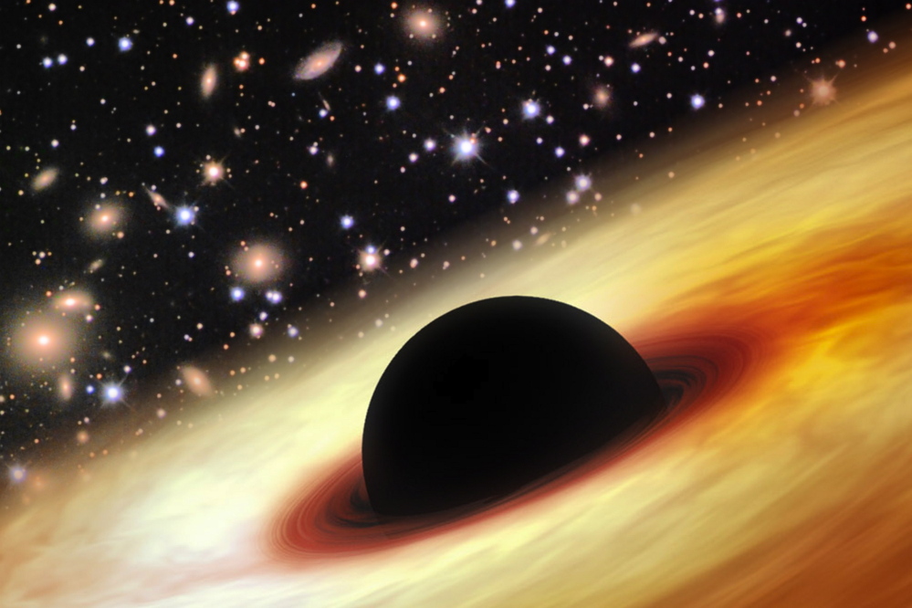 An artist’s image of a quasar with a super-massive black hole. Scientists are baffled by the brightness of a newly found quasar, given its early beginnings.