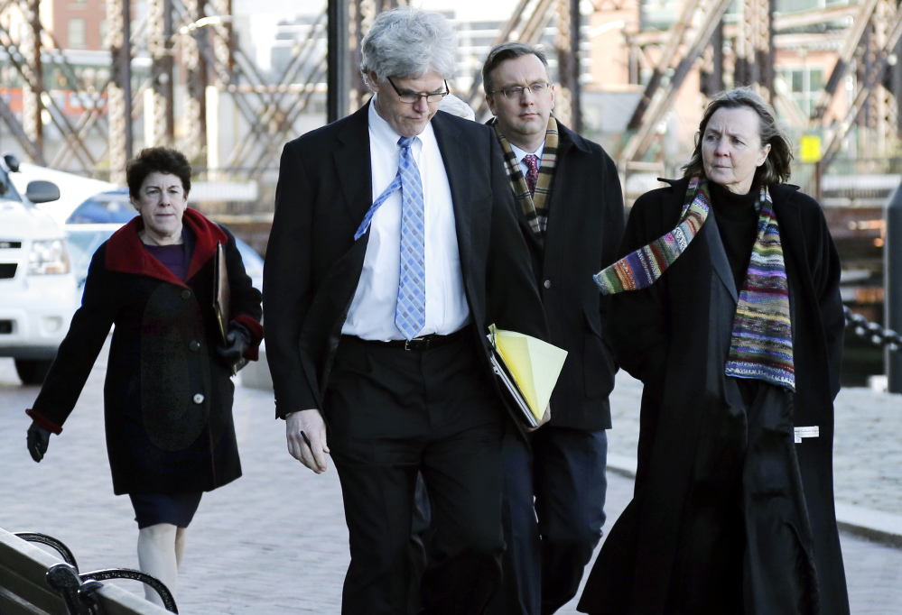 Members of the legal defense team for Boston Marathon bombing suspect Dzhokhar Tsarnaev include Miriam Conrad, far left, Timothy Watkins, second from left, William Fick, second from right, and Judy Clarke, far right.