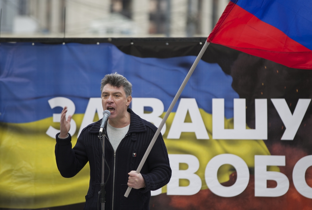 Boris Nemtsov, seen addressing demonstrators during a massive rally to oppose president Vladimir Putin’s policies in Ukraine, was shot and killed in Moscow early Saturday.
2014 Associated Press file photo