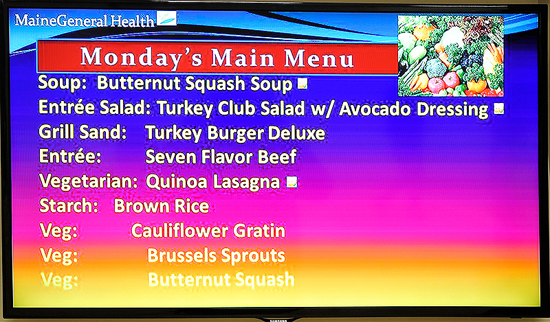 A menu marquee at the cafeteria in the Maine General Medical Center demonstrates the hospital's commitment to serving healthier food.