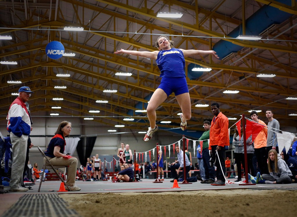 Kate Hall of Lake Region competes in the long jump at a meet in February. On Saturday, she won the national championship in the long jump at the New Balance Nationals in New York City.