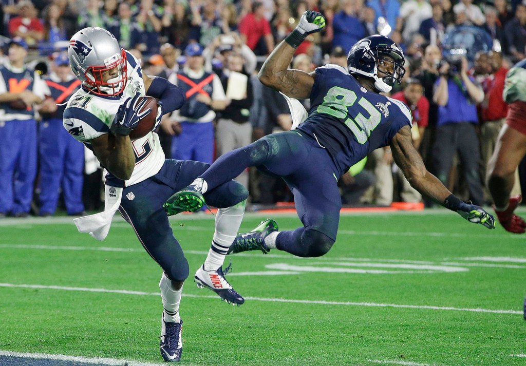 New England Patriots strong safety Malcolm Butler makes the game-saving interception of a pass intended for Seattle Seahawks wide receiver Ricardo Lockette in the last seconds of Super Bowl XLIX  Sunday.