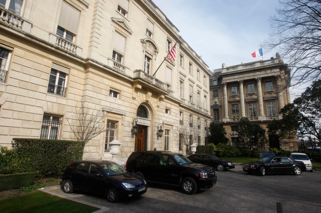 The  American embassy  is one of the Paris landmarks that were buzzed by a drone Monday night. The Associated Press