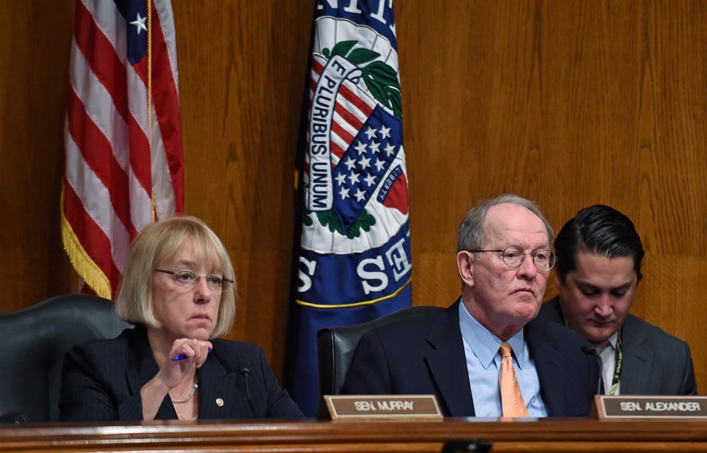 Senate Health, Education, Labor and Pensions Committee Chairman Sen. Lamar Alexander, R-Tenn., and ranking member Sen. Patty Murray, D-Wash., hear testimony at a hearing in January looking at ways to fix the No Child Left Behind law. Outnumbered by Republicans, Democratic lawmakers are now jockeying to get their views heard as Congress moves ahead on revising the much-maligned law.