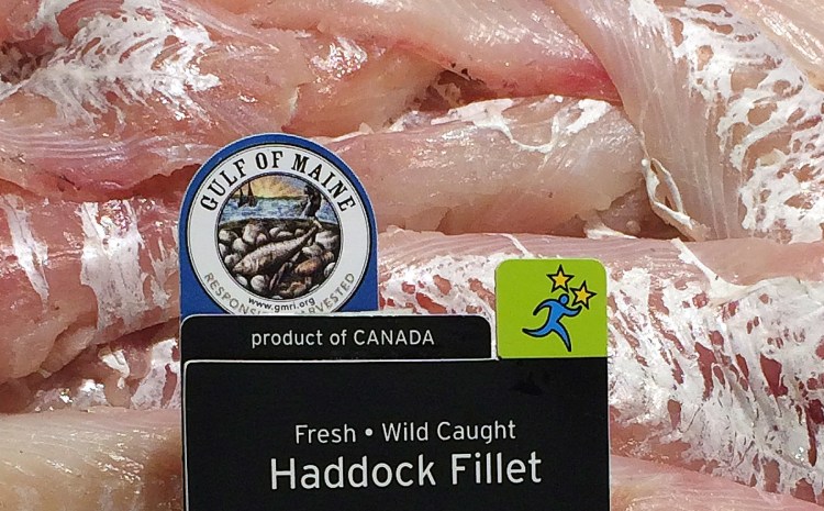 Haddock fillets bear the Gulf of Maine Research Institute label while on display at Hannaford supermarket in Portland, Maine. The label certifies that the product was harvested sustainably between Cape Cod and Nova Scotia. The Associated Press